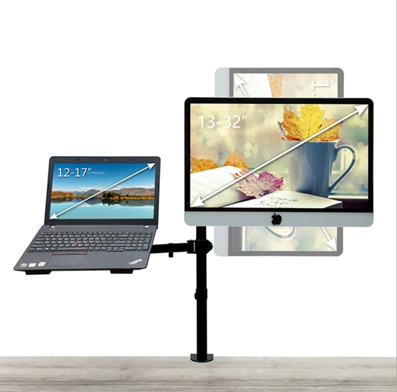 M076 Dual LCD Monitor Desk Mount Fully Adjust Stand with Extra Laptop Tray for Laptop Notebook up to 17" and Screen up to 32"