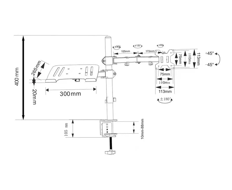 M076 Dual LCD Monitor Desk Mount Fully Adjust Stand with Extra Laptop Tray for Laptop Notebook up to 17" and Screen up to 32"