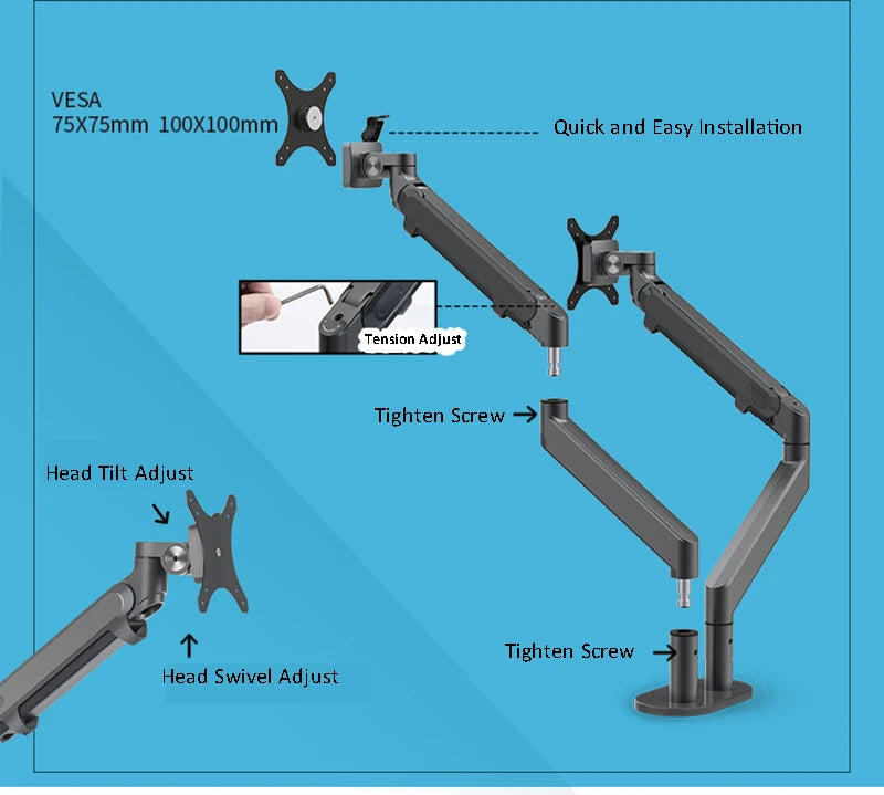 Hyvarwey OL-2Z Desktop 17-32 inch Dual Monitor Mount Arm Full Motion Aluminum Monitor Holder Gas Spring Arm Load 2-8kgs Each