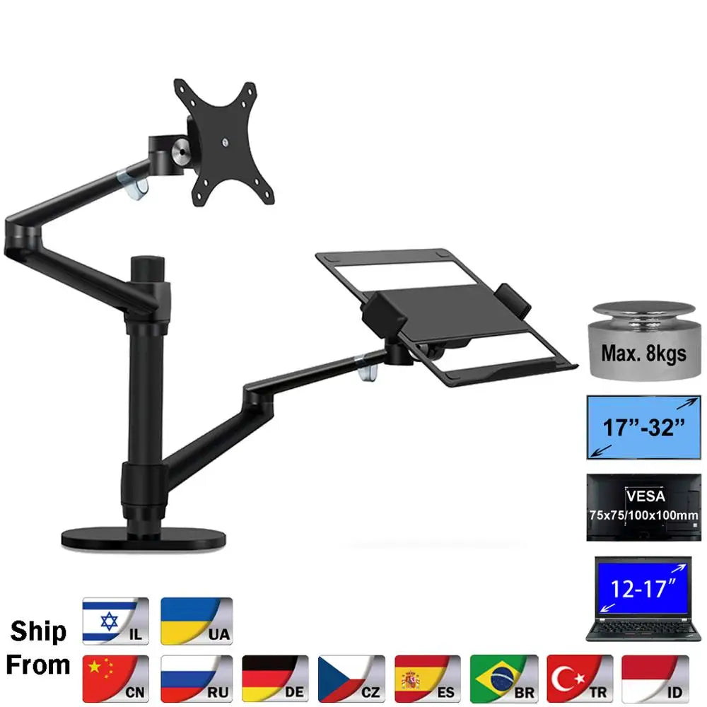 OL-3L Aluminum Height Adjustable Desktop Dual Arm 17-32 inch Monitor Holder+12-17 inch Laptop Holder Stand Full Motion Mount Arm
