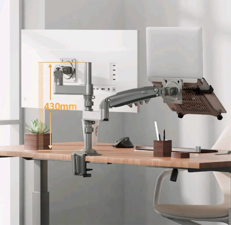 Desktop NB H180-FP Gas Spring Dual Arm for 17"-27" Monitor Holder + 10"-17" Laptop Support Air Press Mount Stand Load 2-9kg