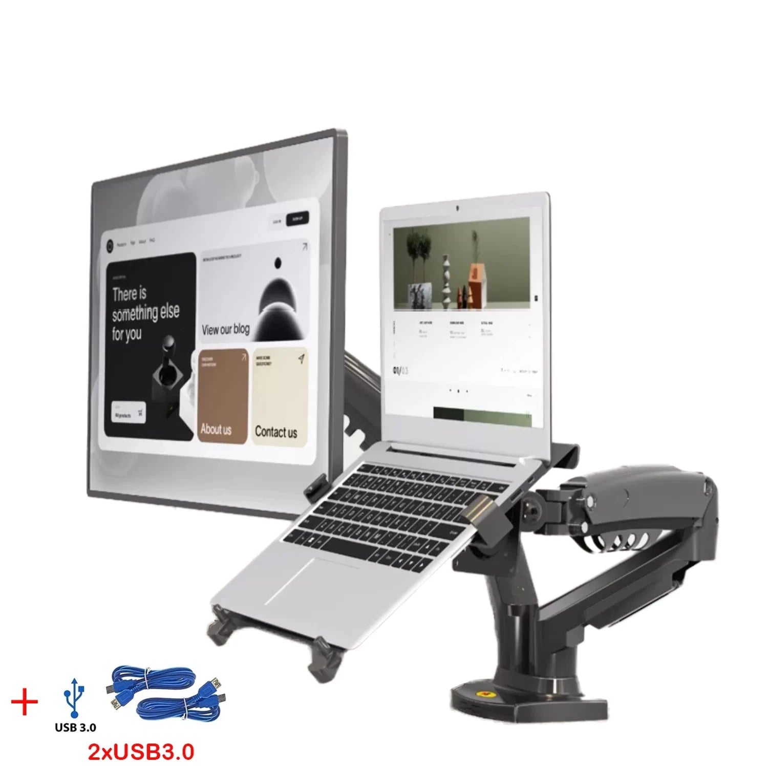 Dual Monitor Laptop Holder w/ USB3.0 NB F160-FP Gas Spring Dual Arm for 17"-27" Monitor + 10"-17" Laptop Support Mount Stand