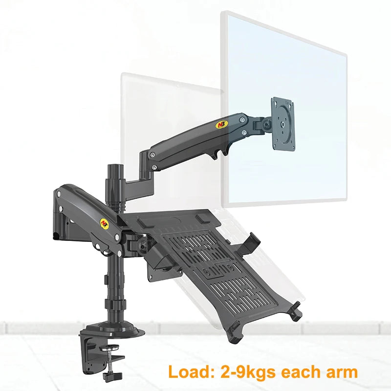 Desktop NB H180-FP Gas Spring Dual Arm for 17"-27" Monitor Holder + 10"-17" Laptop Support Air Press Mount Stand Load 2-9kg