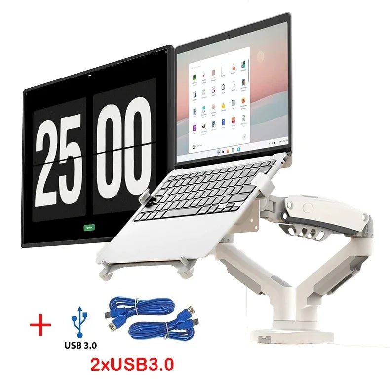 Dual Monitor Laptop Holder w/ USB3.0 NB F160-FP Gas Spring Dual Arm for 17"-27" Monitor + 10"-17" Laptop Support Mount Stand