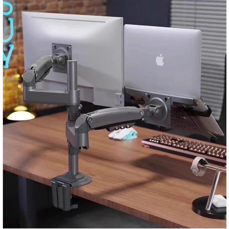 Desktop NB H180-FP Gas Spring Dual Arm for 17"-27" Monitor Holder + 10"-17" Laptop Support Air Press Mount Stand Load 2-9kg